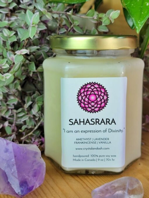 peace, sahasrara, crown chakra, amethyst, frankincense, lavender, vanilla, spell candle, crystal & ash, crystal candle, reiki infused, made in edmonton, handmade, made in alberta, made in canada, shop local, women owned, hand poured, soy candle