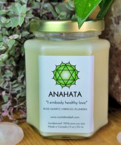anahata, heart chakra, beauty, love, plumeria, frangipani, hibiscus, rose quartz, spell candle, crystal & ash, crystal candle, reiki infused, made in edmonton, handmade, made in alberta, made in canada, shop local, women owned, hand poured, soy candle