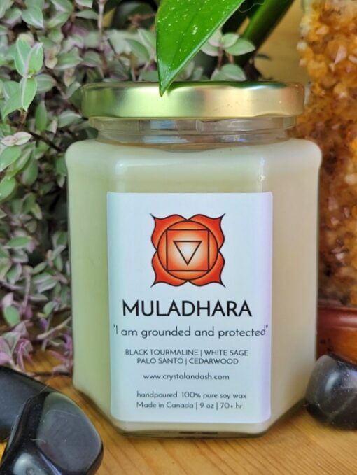 protection, root chakra, basic chakra, muladhara, black tourmaline, sage, palo santo, spell candle, crystal & ash, crystal candle, reiki infused, made in edmonton, handmade, made in alberta, made in canada, shop local, women owned, hand poured, soy candle